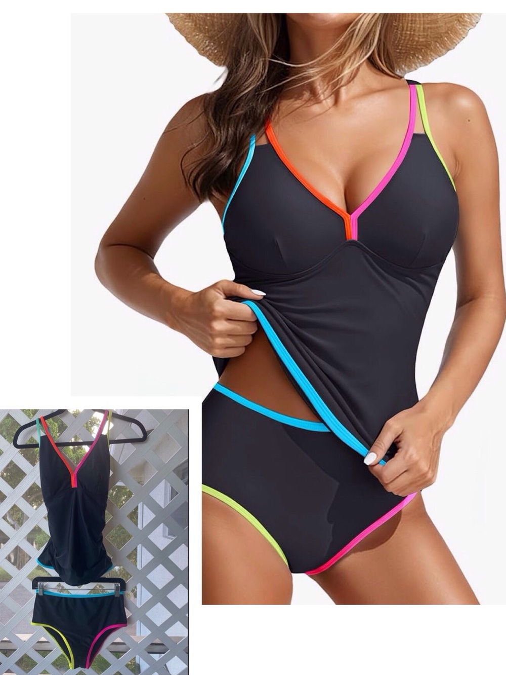 Blooming Jelly Tankini Set Size M Black Neon Colorblock Crisscross Tie Back